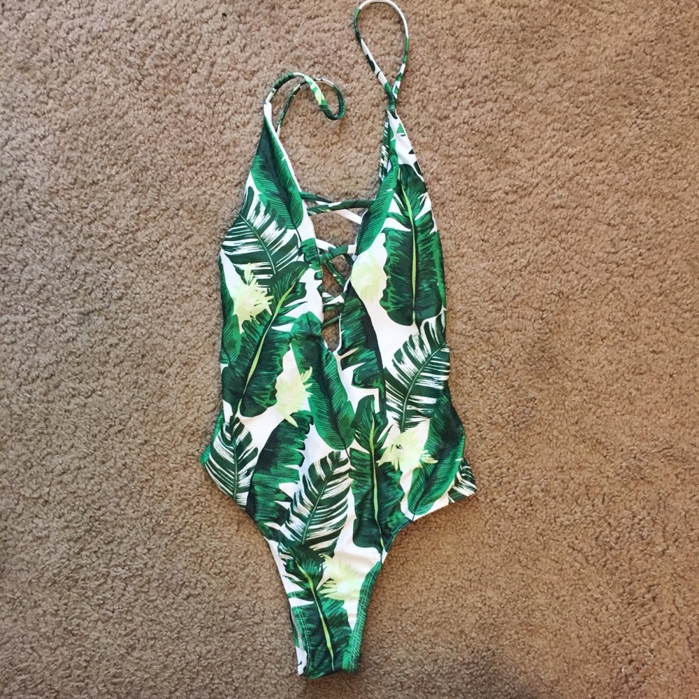 Tropical Palm Leaves One Piece Crisscross Swimsuit